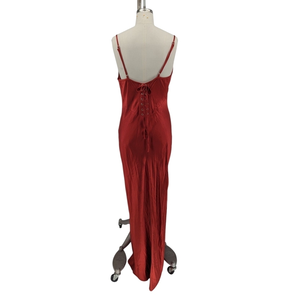 01437 Forever 21 Lace Up Satin Slip Maxi Dress Rustic Red Size Large evening - Picture 2 of 8